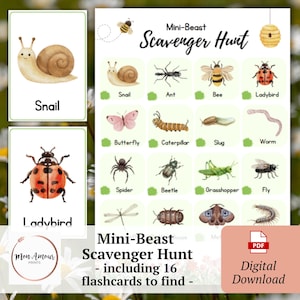 May include: A digital PDF featuring a "Mini-Beast Scavenger Hunt" with 16 flashcards. The flashcards showcase watercolor illustrations of various insects and bugs, including a snail, ladybug, butterfly, and bee. The product is labeled "Digital Download."