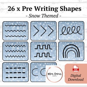 May include: A digital download featuring 26 pre-writing shapes with a snow theme. The shapes include wavy lines, arrows, loops, zigzags, and curves, set against a light blue background with snowflakes. The image also includes the text "Digital Download".