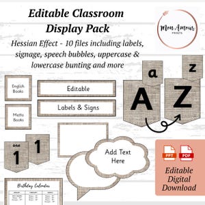 Editable Classroom Display Pack | Signs & Bunting | Hessian Bulletin Board | Natural Tray Labels | Peg Label | Birthday Calendar PRINTABLES