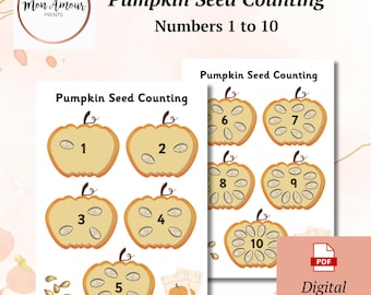May include: Educational printable featuring pumpkin seed counting from 1 to 10. The design includes illustrations of pumpkins with seeds, and the text "Pumpkin Seed Counting Numbers 1 to 10". The image also includes the text "Digital Download".