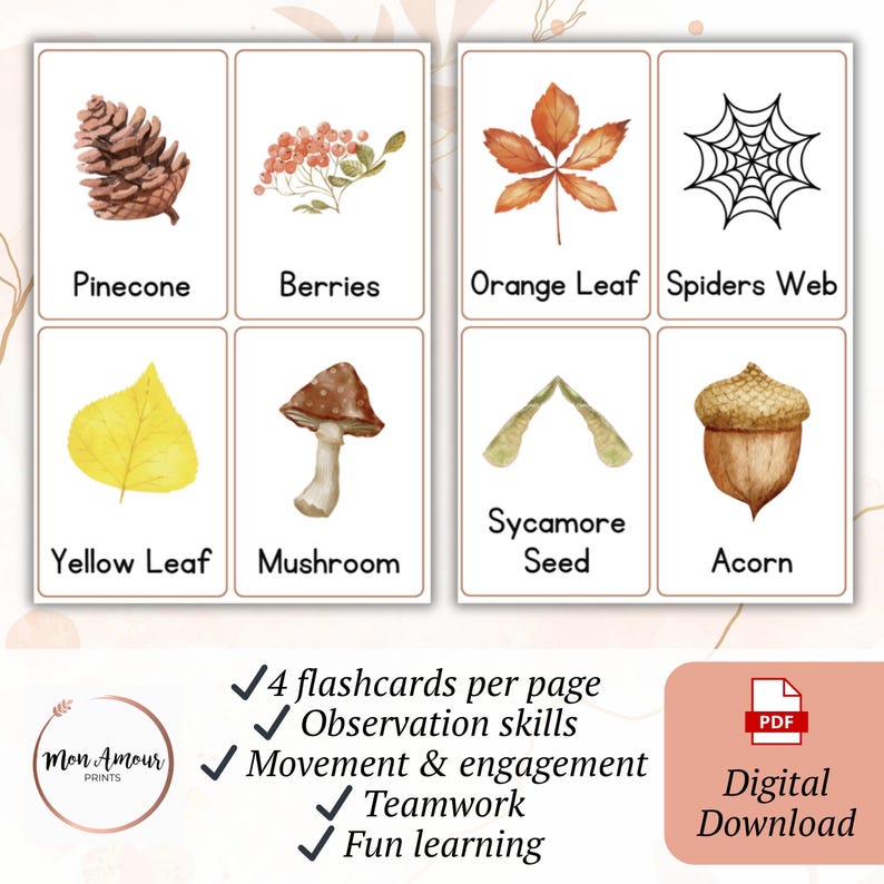 May include: Set of eight flashcards featuring watercolor illustrations of autumn elements like a pinecone, berries, orange leaf, spider web, yellow leaf, mushroom, sycamore seed, and acorn. Includes text: "4 flashcards per page, Observation skills, Movement & engagement, Teamwork, Fun learning."