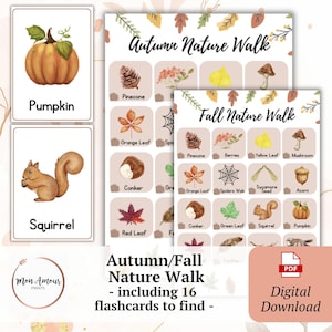 May include: A set of educational flashcards for an Autumn/Fall Nature Walk, featuring illustrations of a pumpkin, squirrel, pinecone, and other natural elements. The cards are designed for digital download.