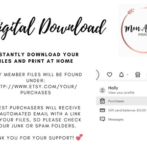 May include: Digital download instructions for Etsy buyers. The text explains how to download digital files and print at home. The text also includes a link to the Etsy website for downloading files.