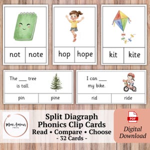 Op de afbeelding: Educatieve flashcards met illustraties en woorden voor het leren van klanken. De kaarten tonen afbeeldingen van een notitieboek, een springend meisje, een vlieger, een boom en een meisje op een fiets. De tekst bevat woorden als "noot", "hoop" en "vlieger".