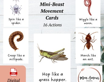 Insect Movement Cards | Mini-Beast Actions | Fitness Flashcards | Brain Break | Kids Well-Being | PE Game | Calm Corner | Digital Download