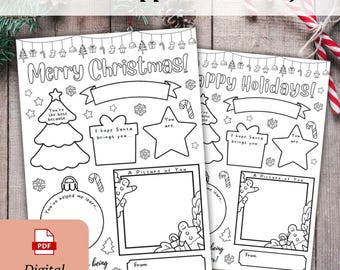 May include: Two black and white printable teacher appreciation gift coloring pages with holiday themes. One says "Merry Christmas!" and the other says "Happy Holidays!". Includes space for a picture and a message.