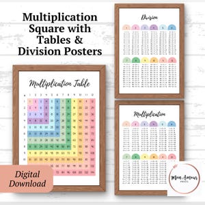 Pósteres de multiplicación y división / Pósteres de tablas de multiplicación / Impresiones para la educación en el hogar / Pósteres de matemáticas / Cuadros de referencia de matemáticas / DESCARGA DIGITAL