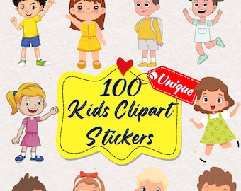 100 kinderclipart, tekenfilmjongen en meisje, png (digitale download)
