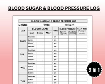 Blood Sugar and Blood Pressure Log, Blood Sugar Tracker, Blood Pressure Tracker, Monitor Diabetes and Blood Pressure levels | Printable