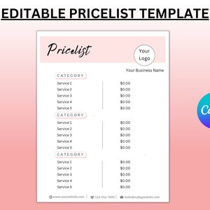 PRICE LIST Template Editable. Printable Price Sheet, Price Guide, Hair Salon, Hairdresser, Beauty, Pink , Custom Menu, Pricing