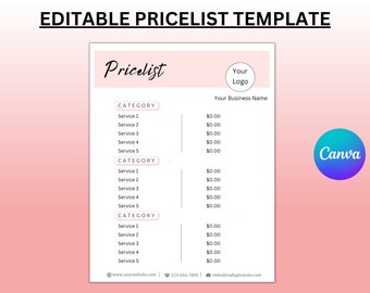 Editable Pink Price List Template, Hair Salon, Beauty (Digital Download)