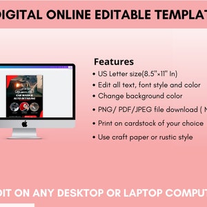 May include: A digital template for a car wash and auto detailing business. The template is displayed on a computer screen and features a red, white, and blue color scheme. The text "CAR WASH & AUTO DETAILING" is displayed in a bold, white font. The template is available for download in PNG, PDF, and JPEG formats.