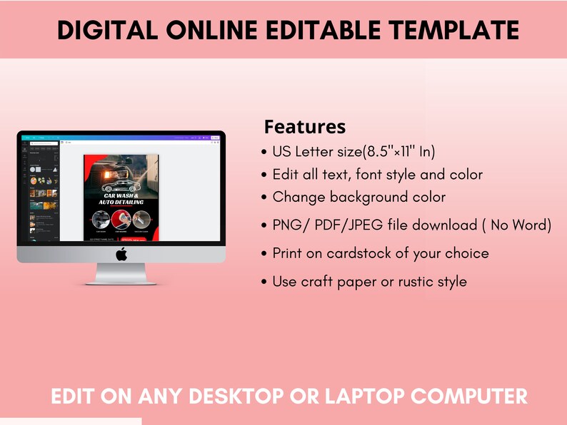 May include: A digital template for a car wash and auto detailing business. The template is displayed on a computer screen and features a red, white, and blue color scheme. The text "CAR WASH & AUTO DETAILING" is displayed in a bold, white font. The template is available for download in PNG, PDF, and JPEG formats.