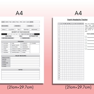 May include: A black and white printable headache tracker with two pages. The first page is a daily headache log with sections for time, duration, severity, triggers, and relief measures. The second page is a yearly headache tracker with a grid for each month of the year. The text on the page reads "Yearly Headache Tracker".