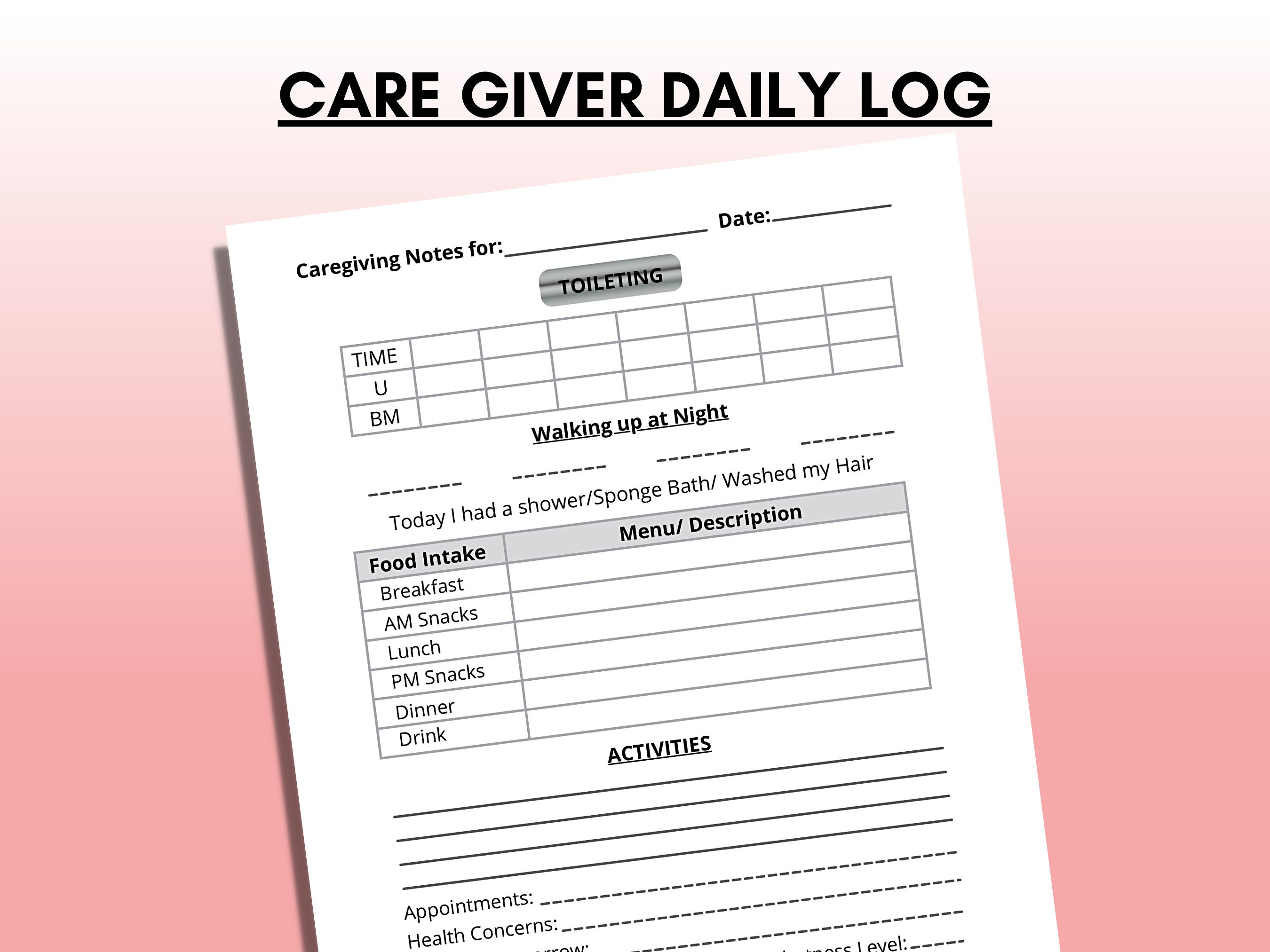 Caregiver Daily Log Printable, Personal Caregiver Organizer