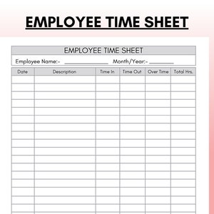 feuille de temps d'un employé, modèle de carte de temps, feuille de pointage d'horaire de travail, organiseur d'employé | PDF imprimable, format lettre, format A4, 1 mois