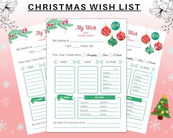 Lista dei desideri di Natale stampabile 2025, modello di lista dei desideri per i regali di Natale, la mia lista dei desideri di Natale, lista dei regali di Natale, lista dei desideri per le feste