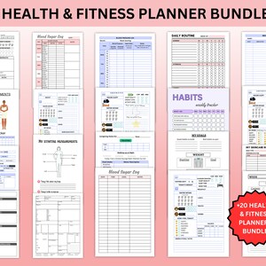 May include: A set of printable health and fitness planner pages. The pages are in black and white with pink and blue accents. The pages include a food diary, blood sugar log, body measurements, progress tracker, daily routine, habits tracker, weight tracker, and more. The text on the image reads "Health & Fitness Planner Bundle" and "+20 Health & Fitness Planners Bundle".