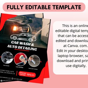 May include: A red and black flyer with a car wash and auto detailing business advertisement. The flyer includes a black car, a person washing a car, a person waxing a car, and a person vacuuming a car. The flyer also includes the business name, address, phone number, website, and a special offer of 15% off.