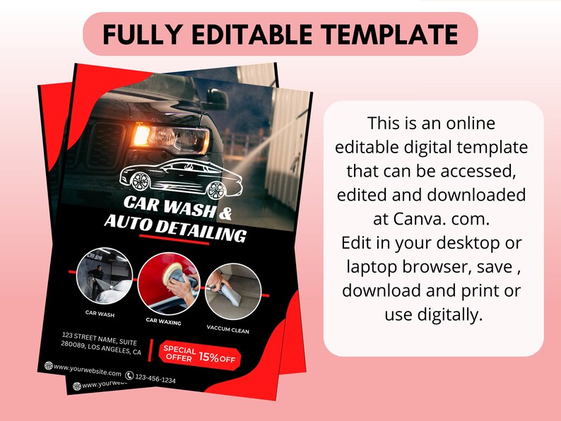 May include: A red and black flyer with a car wash and auto detailing business advertisement. The flyer includes a black car, a person washing a car, a person waxing a car, and a person vacuuming a car. The flyer also includes the business name, address, phone number, website, and a special offer of 15% off.