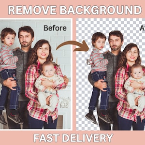 May include: Image showcasing a family of four before and after background removal. The "Before" image shows a family in front of a fireplace. The "After" image shows the family with a transparent background. Text reads "REMOVE BACKGROUND" and "FAST DELIVERY".