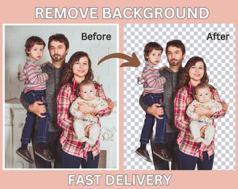May include: Image showcasing a family of four before and after background removal. The "Before" image shows a family in front of a fireplace. The "After" image shows the family with a transparent background. Text reads "REMOVE BACKGROUND" and "FAST DELIVERY".