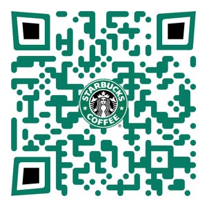 May include: A green and white QR code featuring the Starbucks Coffee logo. The logo, centrally placed, displays a siren and the text "Starbucks Coffee". The QR code is made up of green shapes and dots, set against a white background.