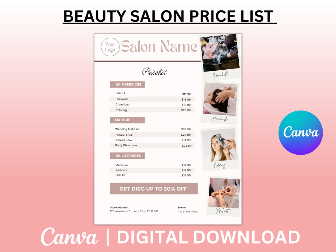 Price List for Beauty Salon Editable Printable, Salon Price List, Price