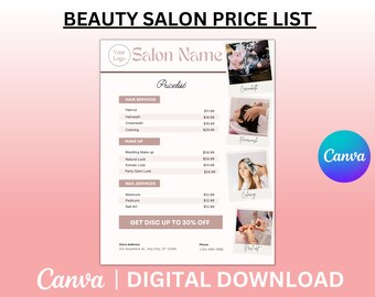 Schönheitssalon Preisliste Vorlage, bearbeitbar in Canva (US Letter)