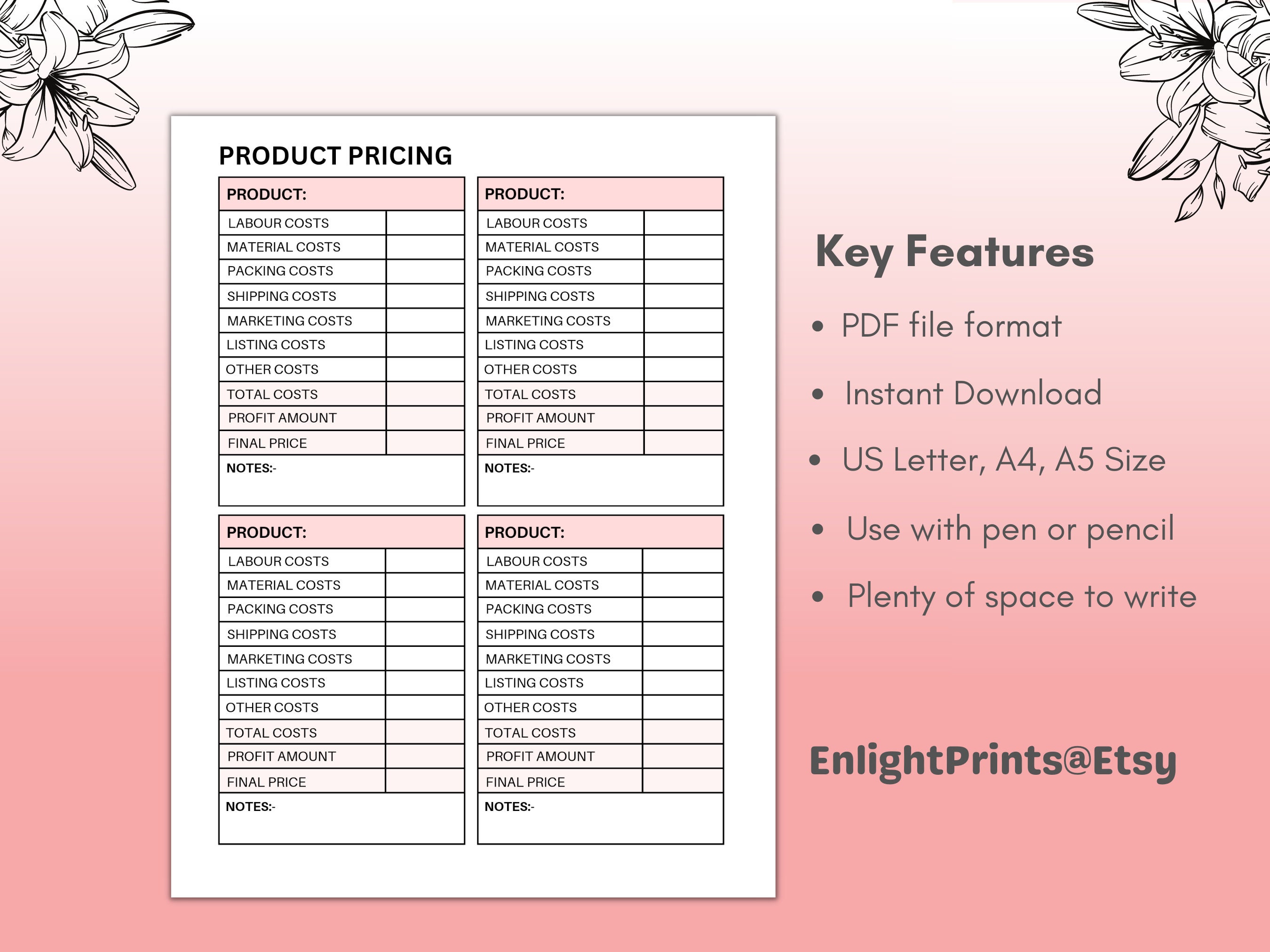 Product Pricing Printable Bundle Product Price Calculator - Etsy