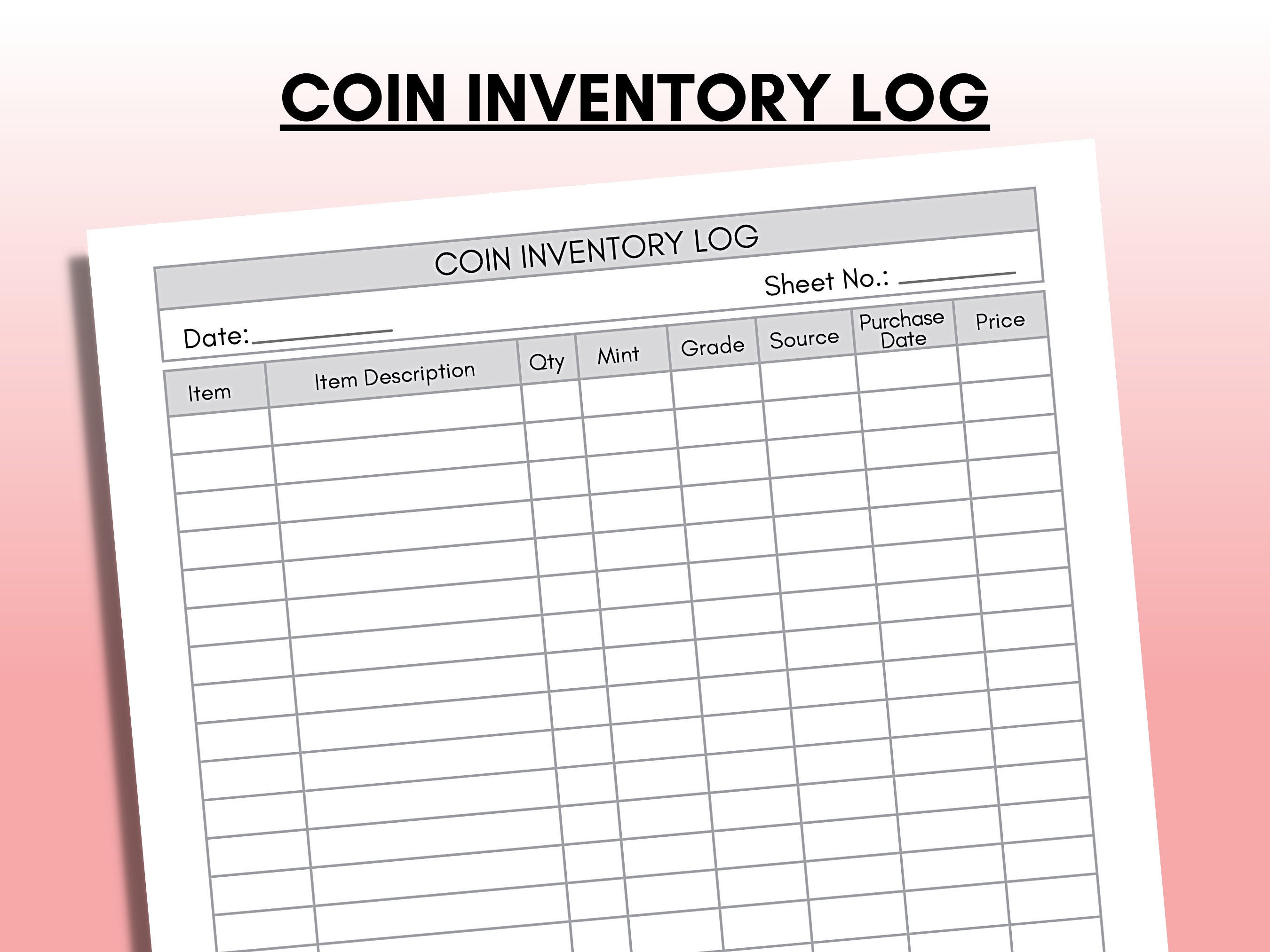 Coin Inventory Log Coin Collection Collectible Coin Inventory Log