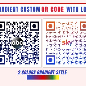 May include: Two QR codes with a gradient effect. The first code has a blue and black gradient with the "abc" logo in the center. The second code has a red, orange, and purple gradient with the "sky" logo in the center. The text "2 COLORS GRADIENT STYLE" is below the codes.
