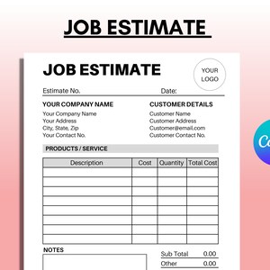 Job Estimate Template, Editable Canva Construction Bid, Contractor Proposal, Contractor Estimate for Painting, Electrical,Home Remodeling