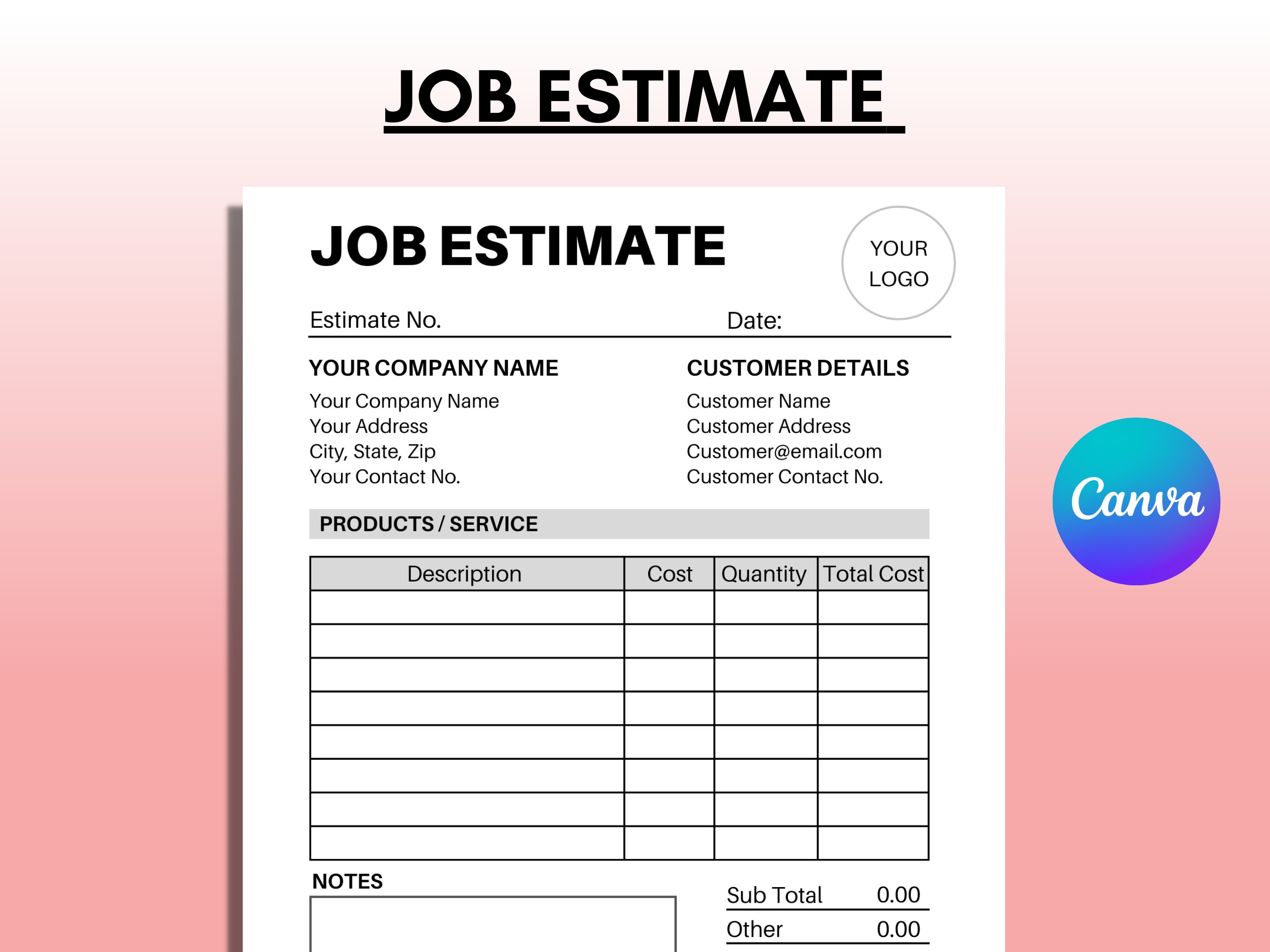 Job Estimate Template Canva Editable Printable Job Estimate Template