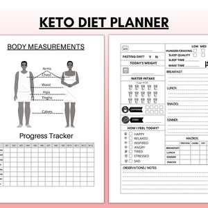 May include: Black and white printable keto diet planner with sections for body measurements, progress tracker, water intake, daily log, macros, and notes. The planner includes a graphic of a person with body measurements labelled.