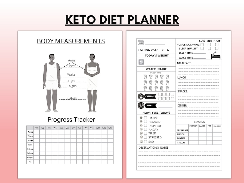 May include: Black and white printable keto diet planner with sections for body measurements, progress tracker, water intake, daily log, macros, and notes. The planner includes a graphic of a person with body measurements labelled.