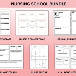 May include: A collection of white paper templates for nursing students, including a disease template, concept map, drug class notecard, drug notecard, nurse report, and a 4-in-1 drug notecard. The text "NURSING SCHOOL BUNDLE" is at the top.
