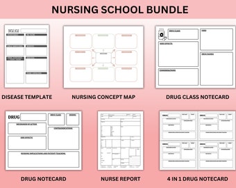 Nursing Study Templates, Nursing Concept Map, Disease Template, Pharmacology Drug Card Template, Drug Class Notecard, Nursing Bundle