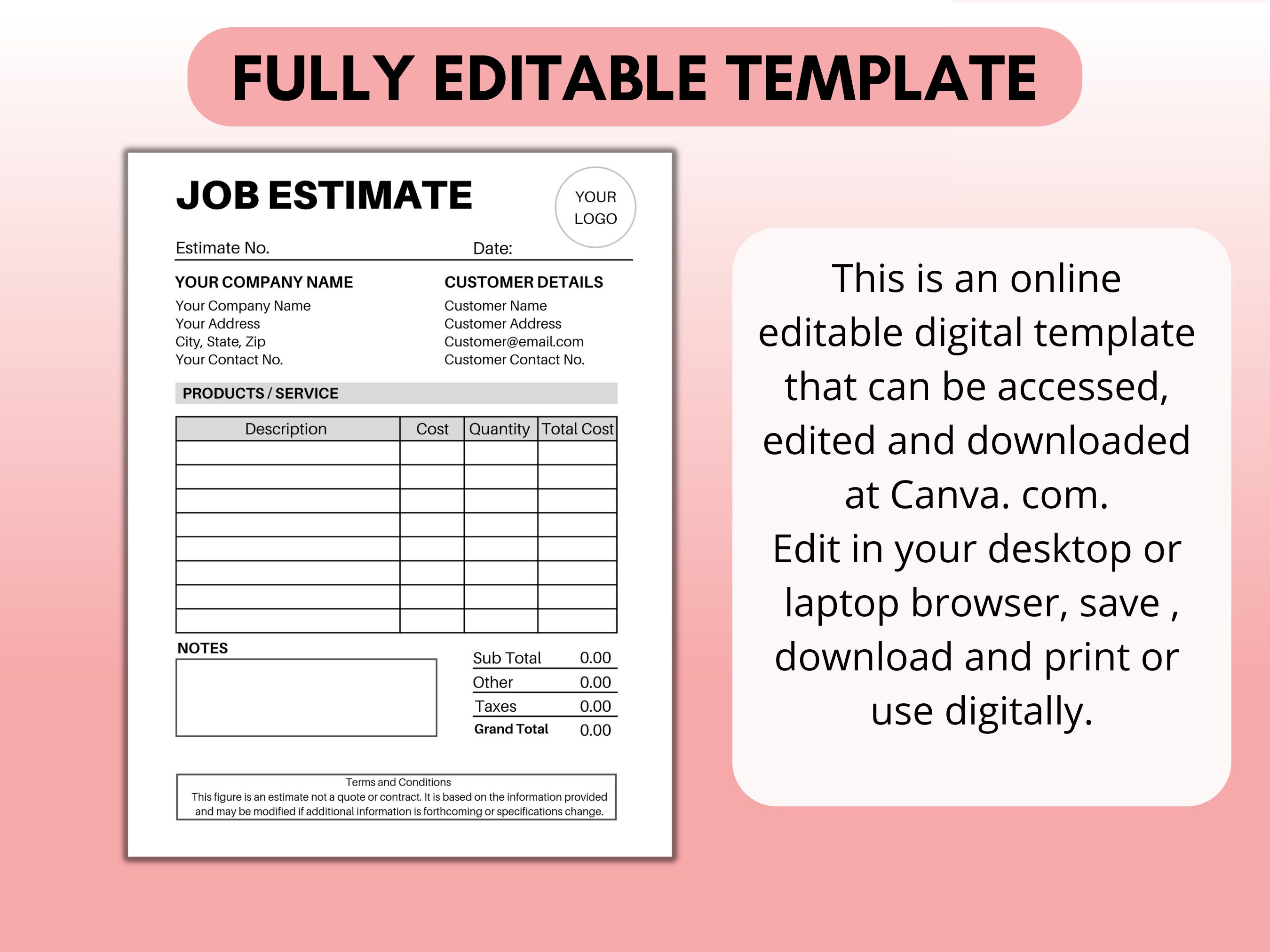Editable Job Estimate Template, Canva Contractor Bid (US Letter) - Etsy