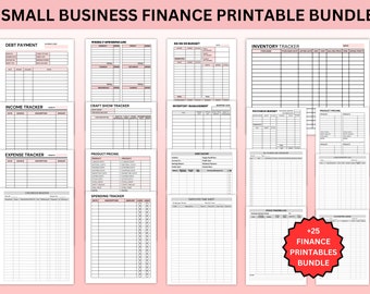 May include: A printable bundle of 25 finance trackers for small businesses. The trackers include a debt payment tracker, income tracker, expense tracker, inventory tracker, craft show tracker, product pricing tracker, spending tracker, paycheck budget, and more. The trackers are designed to help small business owners manage their finances and track their progress.