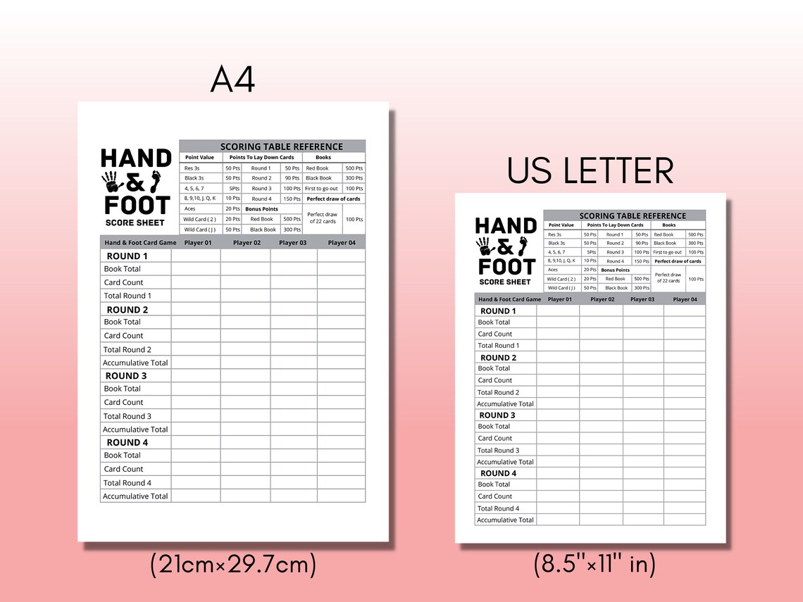 Hand and Foot Score Sheet, Hand and Foot Score Card, Hand and Foot