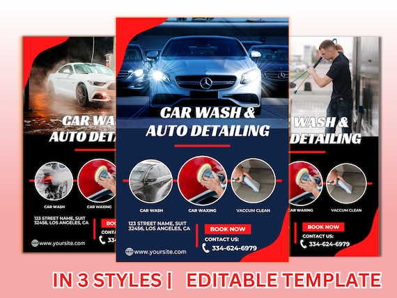 Car Wash Flyer Template, Auto Detailing, 3 Editable Styles (PDF)