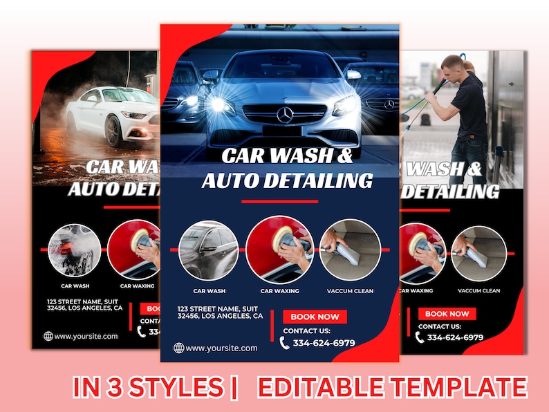 May include: Three different styles of flyers for a car wash and auto detailing business. The flyers feature images of cars, a person washing a car, and close-up shots of car detailing tools. The flyers include the business name, address, phone number, and website.  Book Now. Contact Us: 334-624-6979.