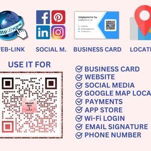 May include: A pink and white QR code with the text "Enlight Prints" in a white box. The QR code can be used for business cards, websites, social media, Google Maps locations, payments, app stores, Wi-Fi logins, email signatures, and phone numbers.