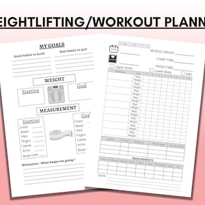 May include: Black and white printable workout planner with sections for weightlifting goals, measurements, and a workout log. The planner includes sections for good and bad habits, starting and goal weight, starting and goal measurements, and a workout log with sections for muscle group, sets, reps, weight, cardio, time, distance, heart rate, and calories burned.