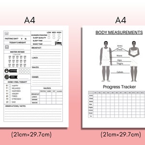 May include: A black and white printable A4 sheet with a daily tracker for fasting, water intake, food, mood, and macros. The sheet also includes a body measurement chart with a progress tracker.