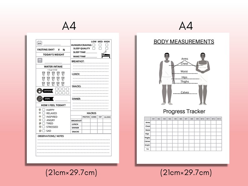 May include: A black and white printable A4 sheet with a daily tracker for fasting, water intake, food, mood, and macros. The sheet also includes a body measurement chart with a progress tracker.