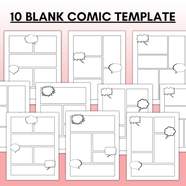 Blank Comic Book Template, Comic Book Strip Template, Empty Comic Panels | Printable, 10 sheets, Letter and A4 Size