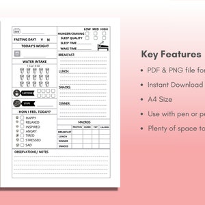 May include: A black and white printable daily tracker for tracking fasting, water intake, hunger, sleep, mood, macros, and notes. The tracker is designed for use with a pen or pencil and has plenty of space to write. The tracker is in A4 size and is available in PDF and PNG file formats.