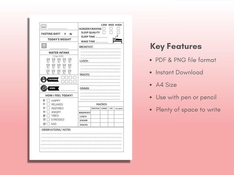May include: A black and white printable daily tracker for tracking fasting, water intake, hunger, sleep, mood, macros, and notes. The tracker is designed for use with a pen or pencil and has plenty of space to write. The tracker is in A4 size and is available in PDF and PNG file formats.